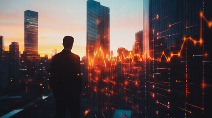 Abstract business man stands on the peak of success amid tall, innovative Smart city and graphs with statistics to analyze business potential and predict future developments in company growth.