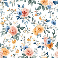 Floral flowers and beautiful colorful leaves wallpaper seamless pattern for interior decoration or background.