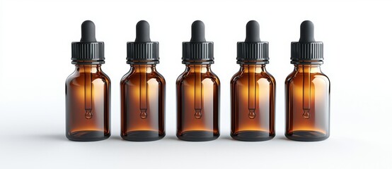 Mockup of an amber cosmetic dropper bottle with a pipette for serum or oil. A black and white 3D eyedropper mockup. A clear and realistic medical glass flask with an essence or lotion jar product