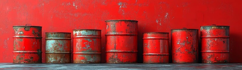 Obraz premium In an isolated render design, a modern 3D mockup displays a red oil barrel, a metal gas can, and a chemical container package for petroleum or gasoline, featuring a realistic canister.