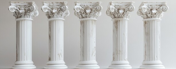 Naklejka premium A modern, lifelike 3D depiction of antique white pillars, isolated on a backdrop, displaying square marble columns, pedestals for showcasing products, and elements of ancient palace balustrade