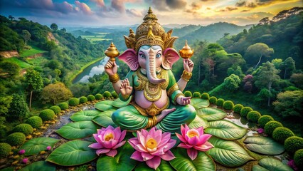 Fototapeta premium Aerial view of Ganesha, the elephant-headed deity, gracefully holding a lotus flower, symbolizing wisdom and prosperity, surrounded by a vibrant setting of lush greenery and colorful flowers.