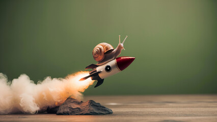 A whimsical and surreal image of a snail riding on a rocket, combining elements of speed and slowness, symbolizing the contrast between patience and acceleration