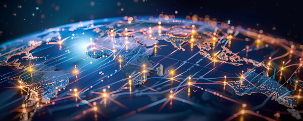 Obraz premium Abstract digital world map, business trading, global network connectivity, cyber technology data transfer, telecommunication transaction