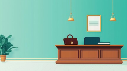 A modern office space featuring a wooden desk, a potted plant, and stylish lighting against a teal wall, creating a serene and productive environment.