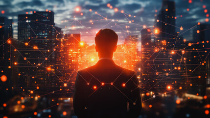 Abstract business man stands on the peak of success amid tall, innovative Smart city and graphs with statistics to analyze business potential and predict future developments in company growth.