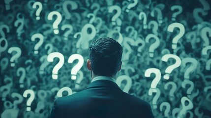 questions, business man looking at interrogation marks, why what where when how who