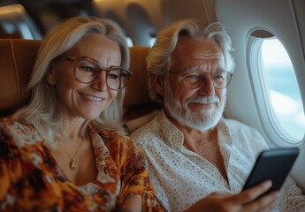 Obraz premium Elderly tourist couple sitting on airplane with digital tablet.