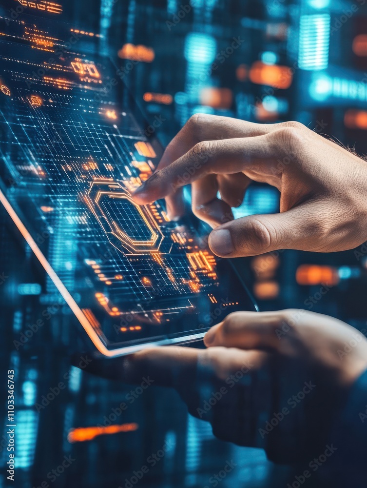 Poster side view of businessman hands using tablet with digital blockchain interface. cryptocurrency and pa