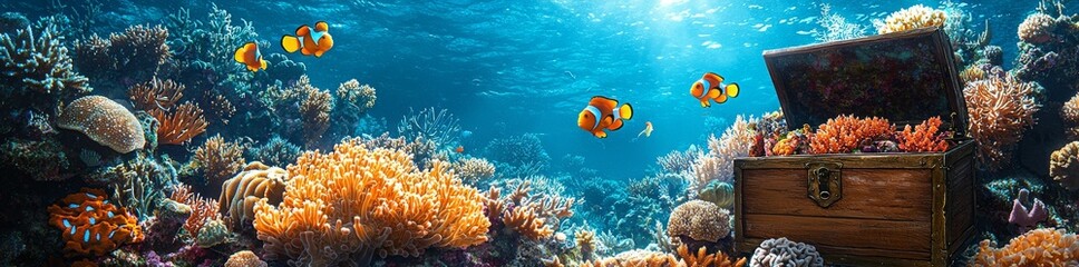 An underwater scene set on the seabed with a treasure chest. A cartoon backdrop for an ocean-themed game, complete with stones, algae, coral, weeds, and fish.