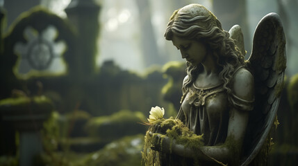 Cemetery angel statue with moss-covered wings in misty graveyard