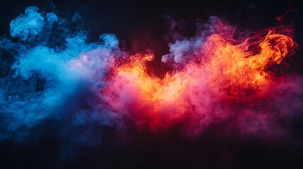 Fototapeta premium A sleek black background with a dynamic blue and red smoke design. An abstract neon flame cloud with dust, representing a contrast between cold and hot. A transparent wallpaper illustrating a boxing