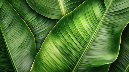 Close-up of lush, overlapping banana leaves with visible texture and intricate veining, showcasing various shades of green and natural patterns.