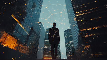 Abstract business man stands on the peak of success amid tall, innovative Smart city and graphs with statistics to analyze business potential and predict future developments in company growth.