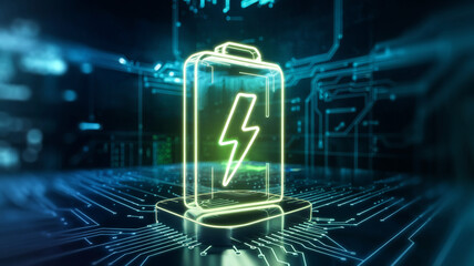Glowing green power neon futuristic energy storage, high capacity rechargeable lithium ion battery
