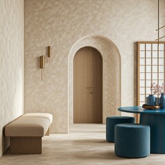 Modern living room, Japandi style. Beige bench, blue ottomans by blue dining table. Stucco walls, arched doorway
