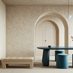 Modern living room, Japandi style. Beige bench, blue ottomans by blue dining table. Stucco walls, arched doorway