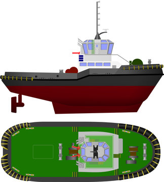 Azimuth Stern Drive (ASD) Tug. Side and top profile of a large tug with ASD propulsion. Isolated vector illustration.