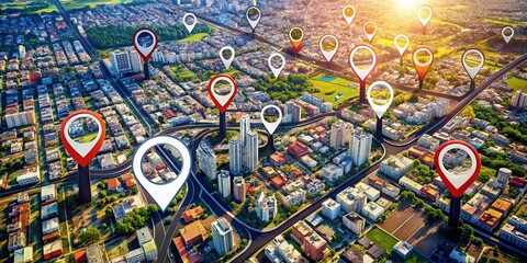 Aerial View of Map Search Icons with Location Pins and Magnifying Glass for Navigation in Modern Apps and Websites, Ideal for Digital Design and User Interface Elements