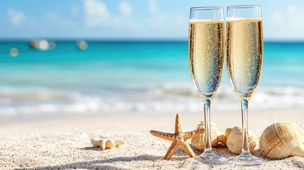 Champagne Glasses on Tropical Beach with Shells, Two champagne glasses on a sandy beach with seashells and a starfish, set against a turquoise ocean and blue sky backdrop.

