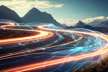 Futuristischer Hintergrund digitale leuchtende Wellen und Netzwerk in ländlicher Umgebung