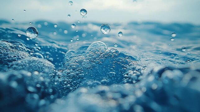 A realistic 3D modern backdrop with bubbles from cola, soda, beer, or water. It showcases dynamic fizzy liquid motion in transparent water, with randomly moving fizzy droplets beneath the surface.