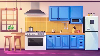 Stylish home kitchen interior with bar island, cabinet and electric stove