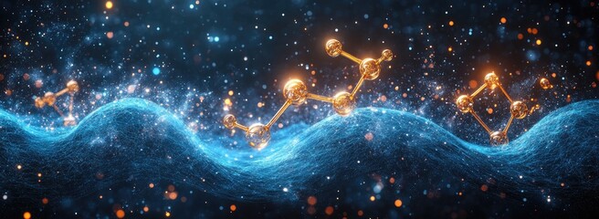 Abstract representation of molecular structures amidst a vibrant cosmic background.