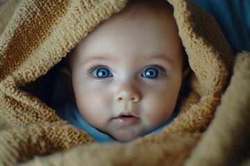 Baby Under Blanket. Adorable Caucasian Baby with Blue Eyes in Closeup Shot