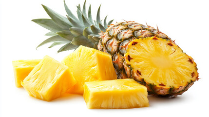 Ripe pineapple and pineapple slices isolated on white background. 