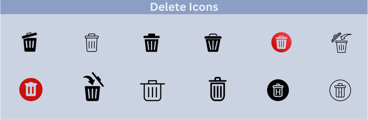 Delete icon set. delete button trash remove cancel undo throw remove editable stroke line icon collection.