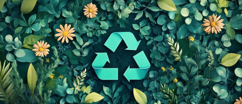 Design showcases the theme of sustainability, integrating a recycling symbol surrounded by lush green foliage and colorful flowers representing nature's beauty