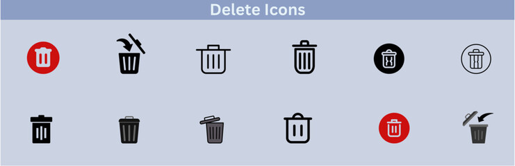 Delete icon set. delete button trash remove cancel undo throw remove editable stroke line icon collection.