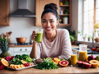 Cheerful woman in a bright kitchen holding a glass of green smoothie, surrounded by colorful fruits, vegetables, and leafy greens, representing a vibrant and healthy lifestyle with natural foods.