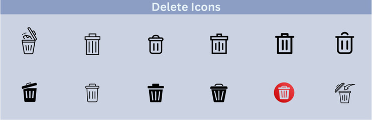 Delete icon set. delete button trash remove cancel undo throw remove editable stroke line icon collection.