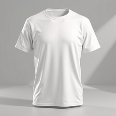 Plain white t-shirt, made of soft fabric with thick round collar, displayed on a flat surface in studio lighting. Suitable for mockup design