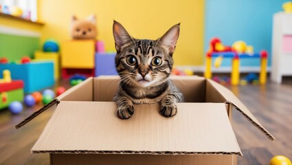 Playful Munchkin Cat Peeking Out from a Box in Colorful Room