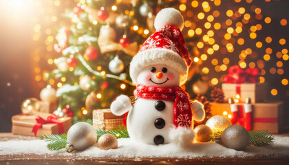 Obraz premium A snowman with a red hat and scarf is standing in front of a Christmas tree