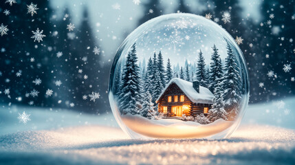 Naklejka premium Snow globe with a cozy house inside on a winter background. Christmas decoration concept.