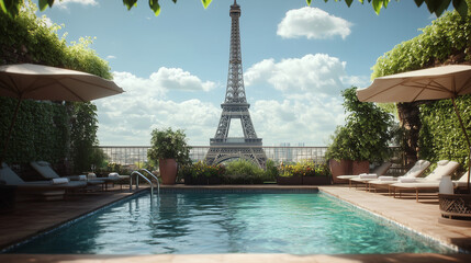 Pool of a Luxury Hotel in Paris Overlooking the Eiffel Tower