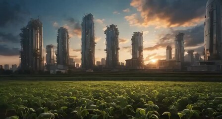 A time-lapse of fields growing under a vivid sky, merging into a futuristic city where plants are growing on skyscrapers and food is produced in labs that look more like art studios