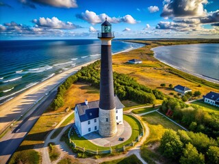 Aerial View of Sõrve Lighthouse on Saaremaa Island, Estonia - A Stunning Cylindrical Concrete Structure Overlooking the Baltic Sea at Sõrve Cape, a Popular Landmark of Estonia