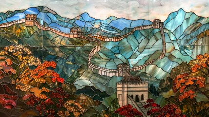 Obraz premium Mosaic of the Great Wall of China with a background of mountains