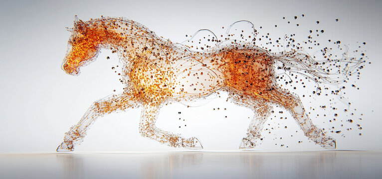 stunning 3D render of horse created from liquid gold, showcasing intricate details and dynamic pose. artwork captures essence of movement and elegance, evoking sense of wonder