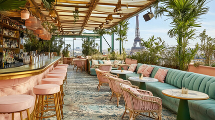A Beautiful Bar with Lots of Plants and Pink and Green Tones with a View of the Eiffel Tower