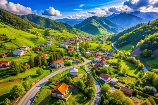 Aerial View of the Serene Village Landscape in Guria, Georgia, Showcasing Traditional Architecture and Lush Greenery Amidst the Peaceful Countryside