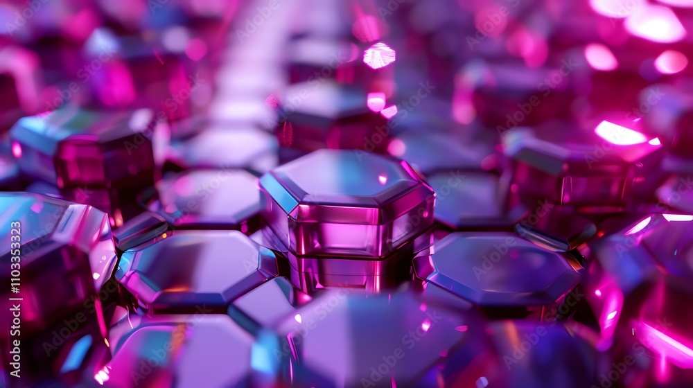 Poster a 3d rendering of a cluster of purple iridescent hexagons with a glowing effect.