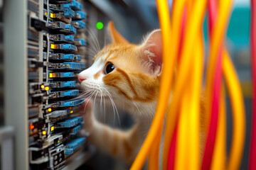 A curious cat explores colorful server cables and network equipment, blending technology with playful charm in a vibrant data center.