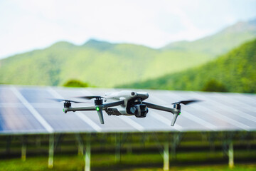 Drones survey solar panels, alternative clean energy concept, environment, solar power, generator.