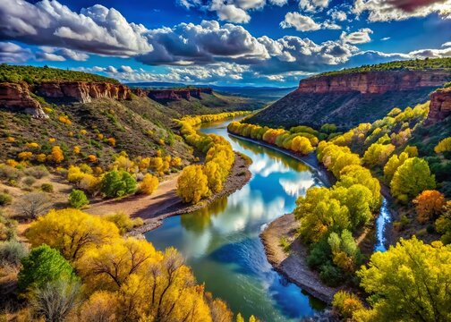Aerial View of the Stunning Split of Rio Tesuque in New Mexico, Showcasing Its Branches and Surrounding Natural Beauty Under Bright Daylight